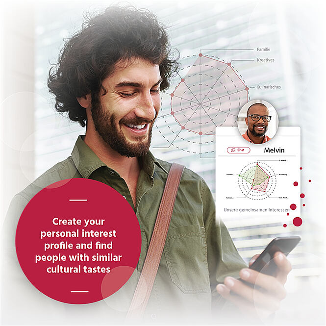The picture shows a man with brown hair that smiles and looks at his phone. A text says "Create your personal intterest profile and find people with similar cultural tastes"