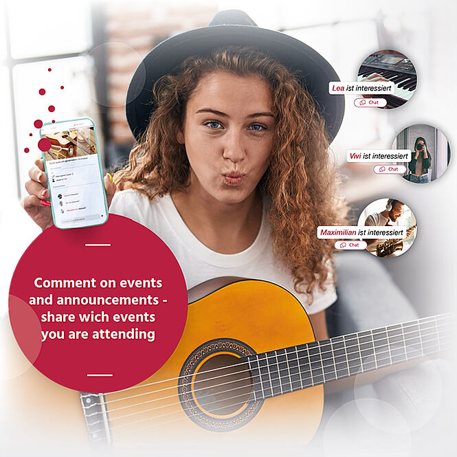 The picture shows a girl holding a guitar and her phone. A text says "Comment on events and announcements - share which events you are attending"