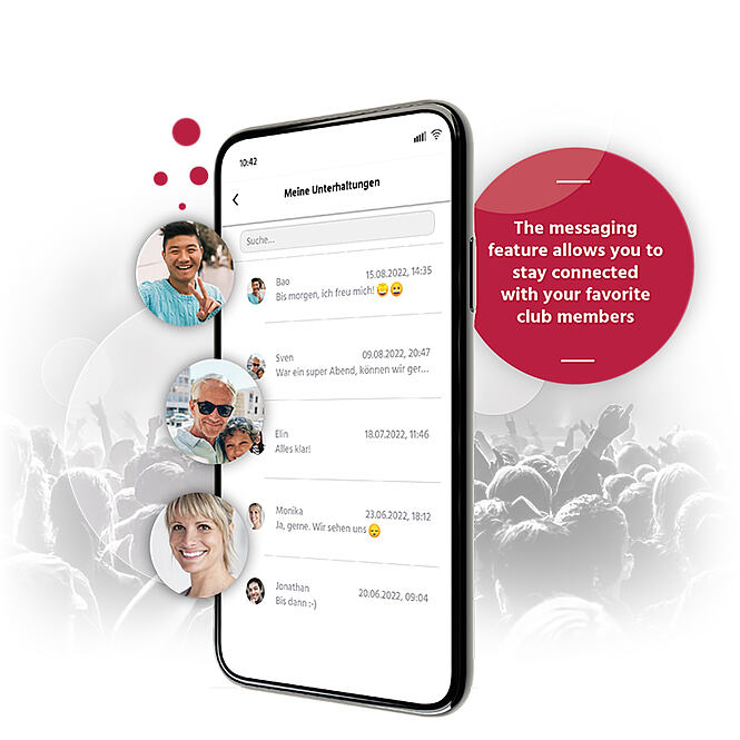 The picture shows a phone. A text says "the messaging feature allows you to stay connected with your favorite club members."
